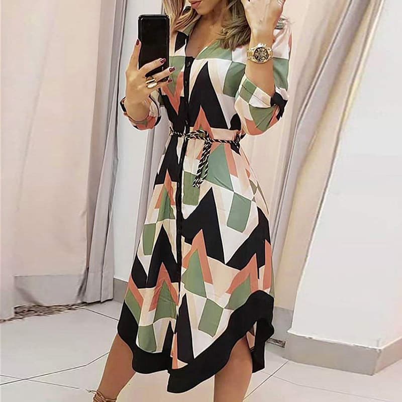 Women's MIDI Print Plaid Lapel Lace-up Dress