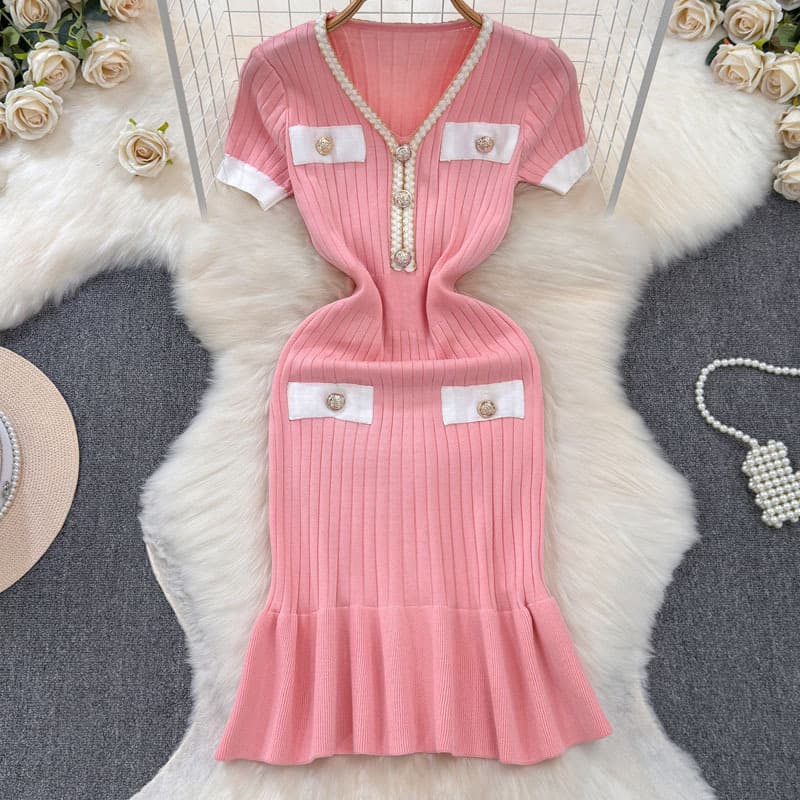 Women's Clothing Temperamental V Neck Waist Knitted Dress Short Sleeved Hip Fishtail Skirt Fashionable Contrast Color Sweater Dress