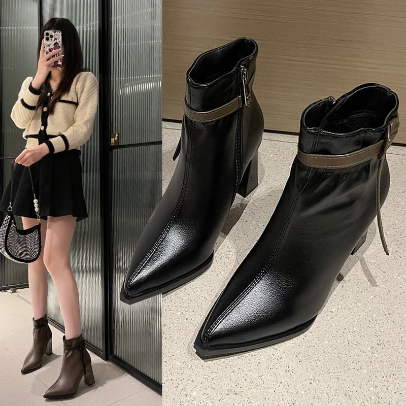 Pointed Toe Chunky Khaki Belt Buckle Ankle For Women 2023 Autumn Winter New Professional OL High Heel Slim Boots