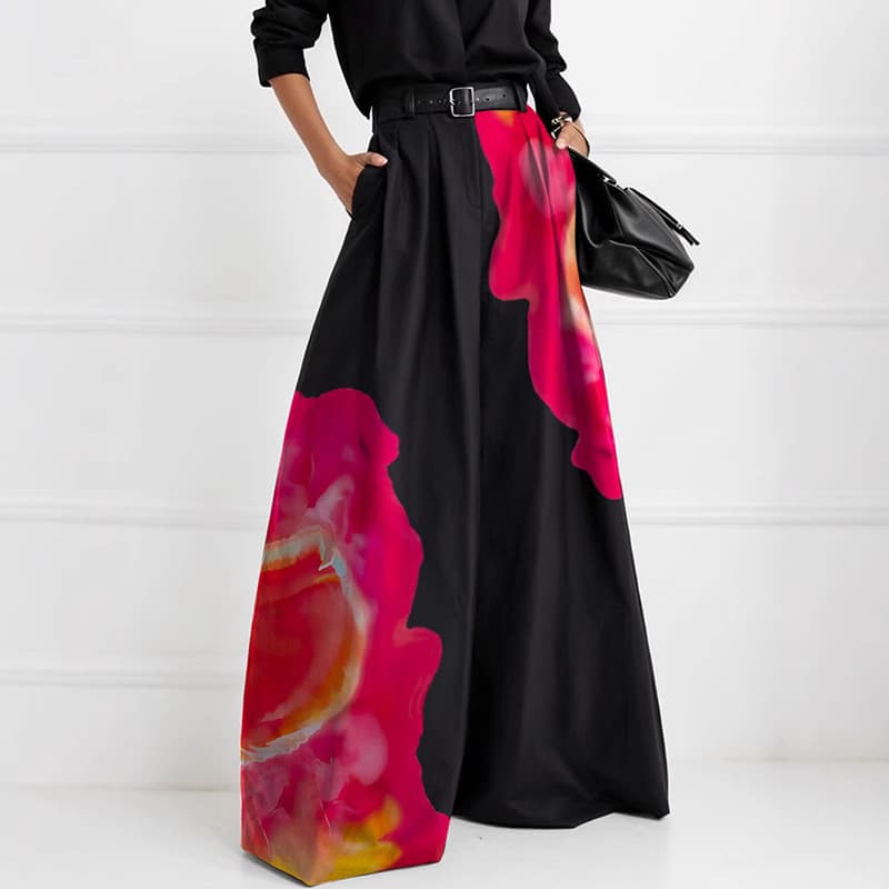 Women's Clothing Contrast Print High Waist Wide Leg Trousers{No Belt}