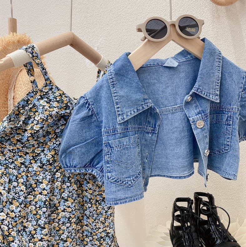 Kids Clothing Girls Fashion Denim Tops Coat Floral Suspender Dress Two piece Set