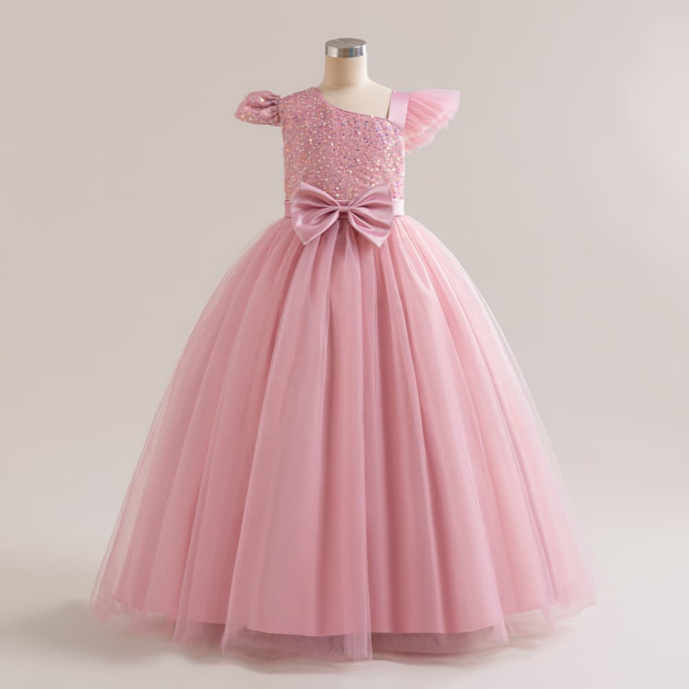 "Elegant One Shoulder Flutter Sleeve Party Dress For Teen Girls, Sparkling Sequined Bow Accent, Fitted Waist & Puffy Princess Silhouette