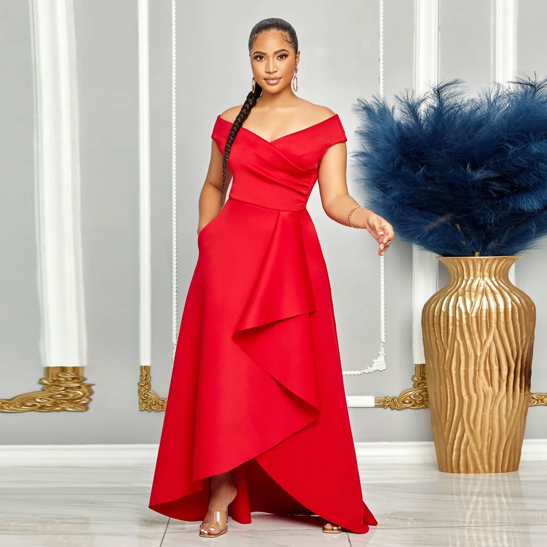 Women's sexy slim fit solid color one shoulder sleeveless large skirt dress