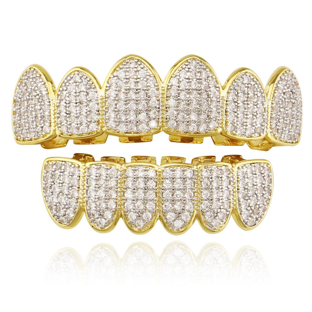Micro Inlaid 4A Zircon Gold Plated Hip Hop Braces Grills For Men And Women For Halloween Vampire Gold Tooth Accessories