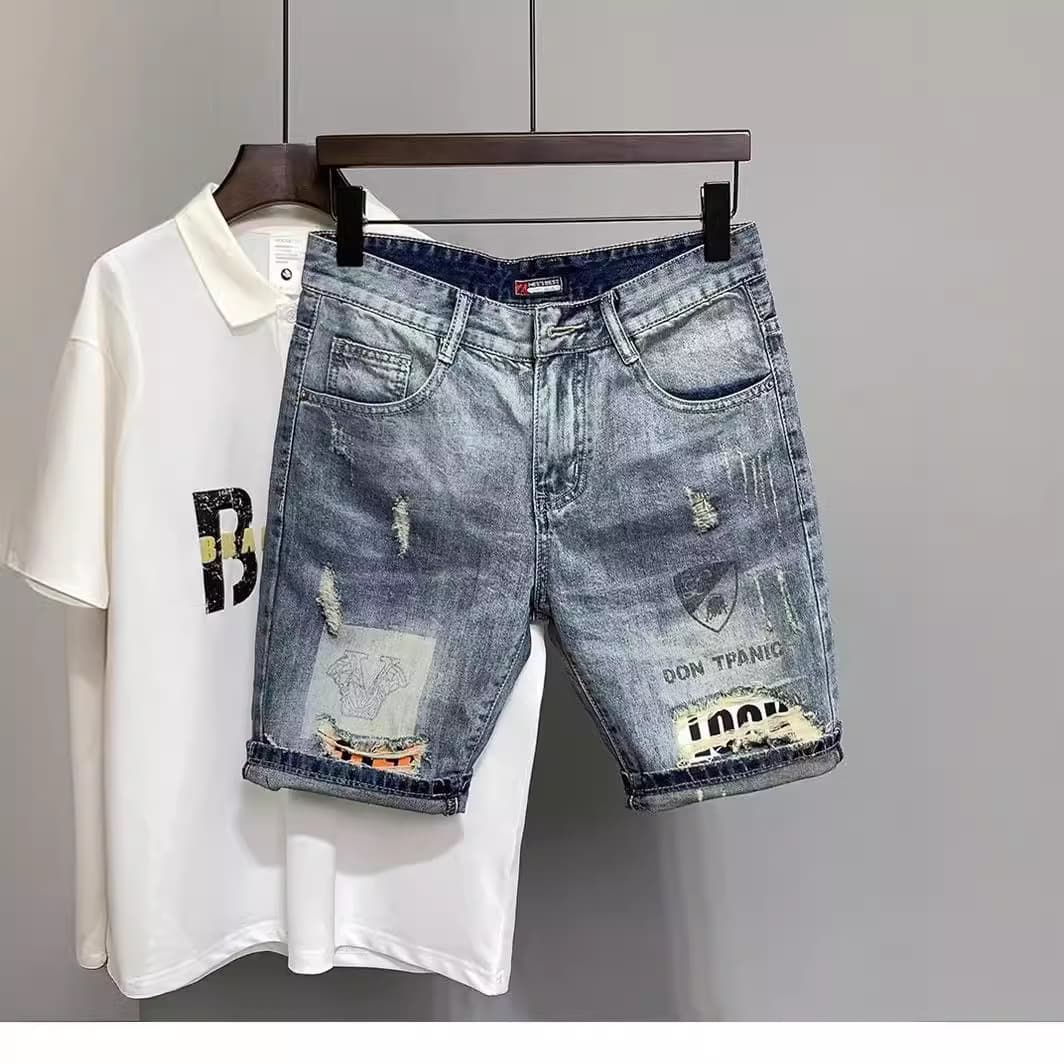 Men's Clothing Fashionable denim shorts men's new summer printed holes style all-match casual shorts