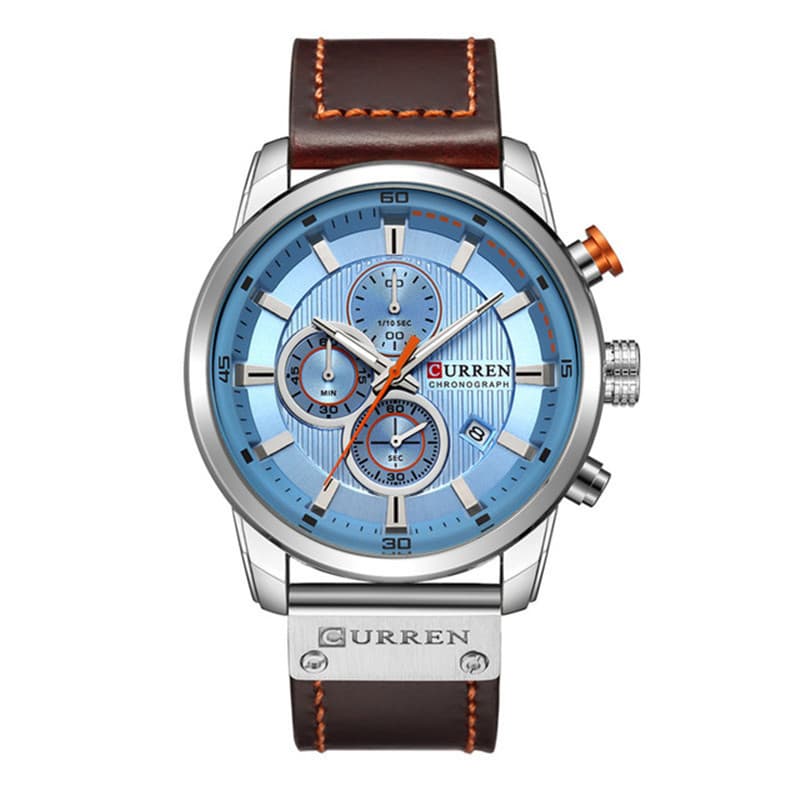 Montre homme décontractée à bracelet en cuir avec fonction date, petit cadran, multifonctions, étanche, style luxueux et léger.