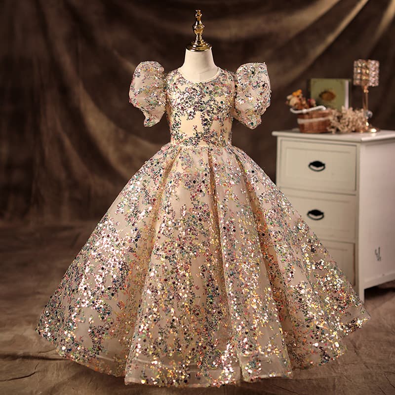 Kid's Clothing Champagne color princess dress girl tutu skirt children little host flower girl wedding little girl piano playing dress