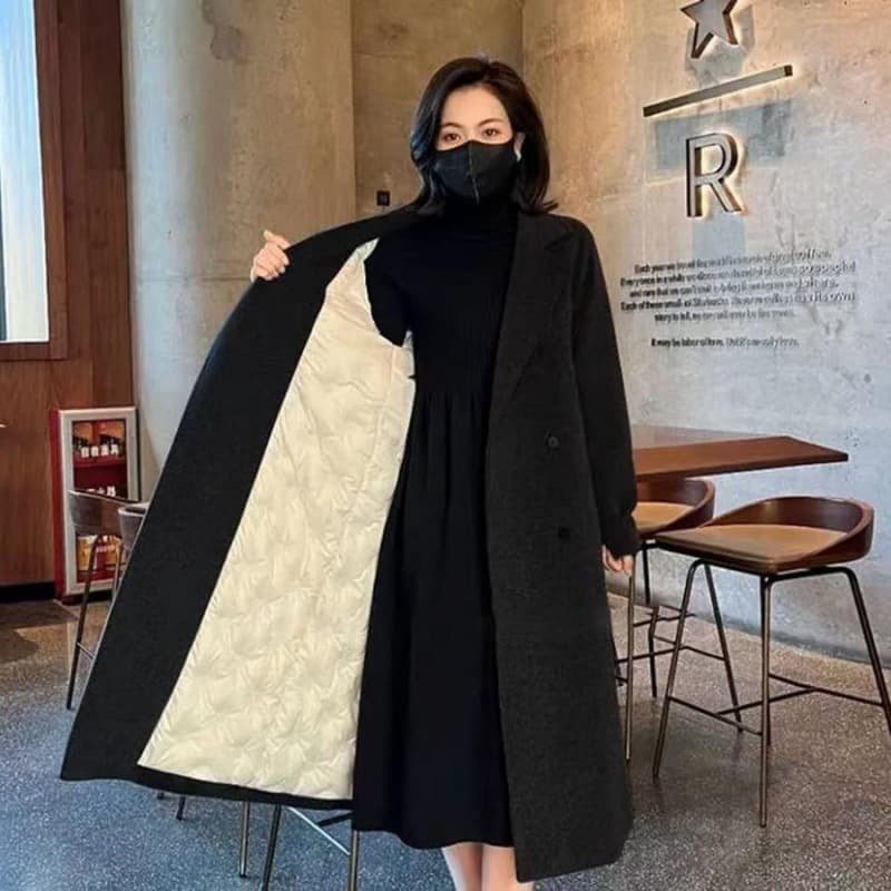 Women's Clothing Plus Size Warm Wool Blend Overcoat With Notched Lapel & Fleece Lining – Flowy Mid-Length Winter Coat For Women (Black/Beige)