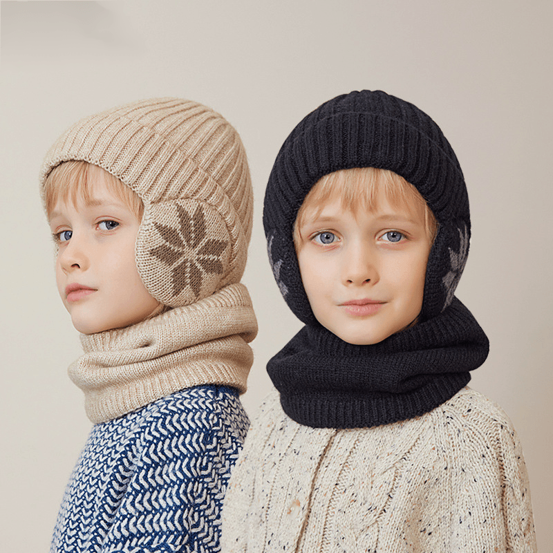 Children's Hat Winter Velvet Neck Set Knitted Wool Hat Men's and Girls' Warm Ear Protection Hoodie Head Cap