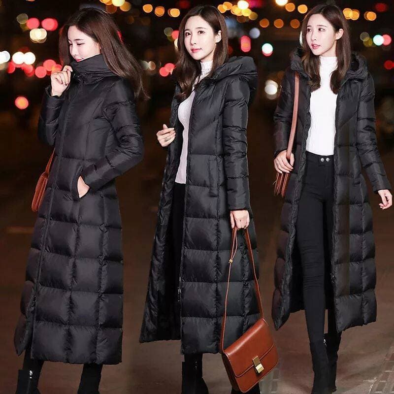 Knee-Length Winter Coat For Women – Slim-Fit Hooded Parka With Polyester Fill (M-4XL, Black, Lightweight Thermal Insulation)