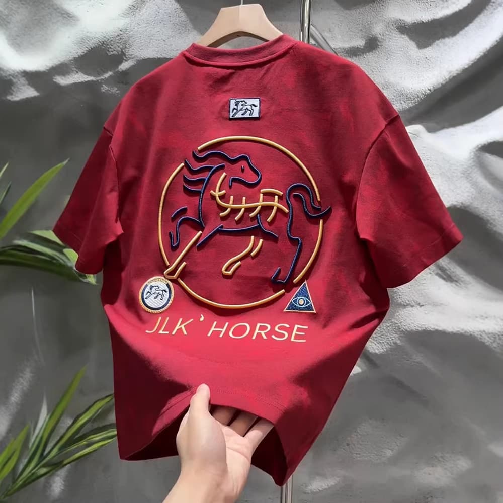 Men's Casual Round Neck T-Shirt Short Sleeve Embroidered Horse Theme Tie Dye Heavy Duty New Design Trendy Base Layer Top