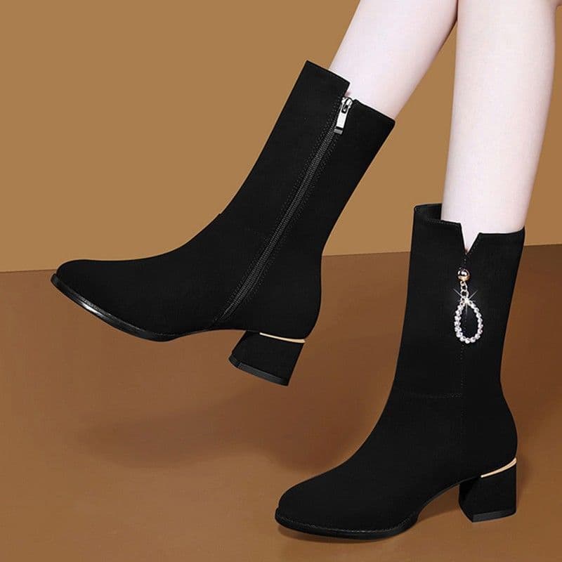 2025 New Over-the-Knee Mid-Calf For Women, Autumn And Winter Fashion, Fleece-Lined, Warm, Suede Leather, Mid-Heel Martin