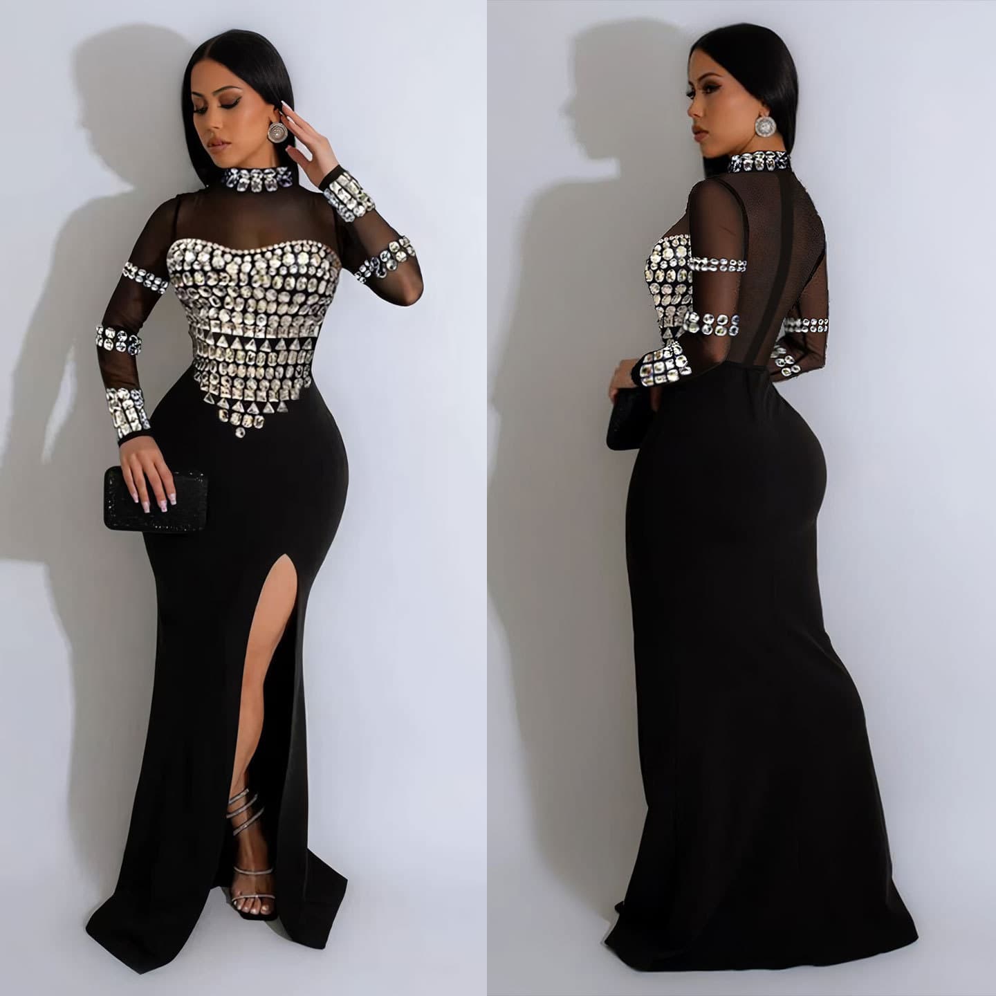 Women’s Clothing sexy hot diamond perspective stitching slim fit slit stretch dress