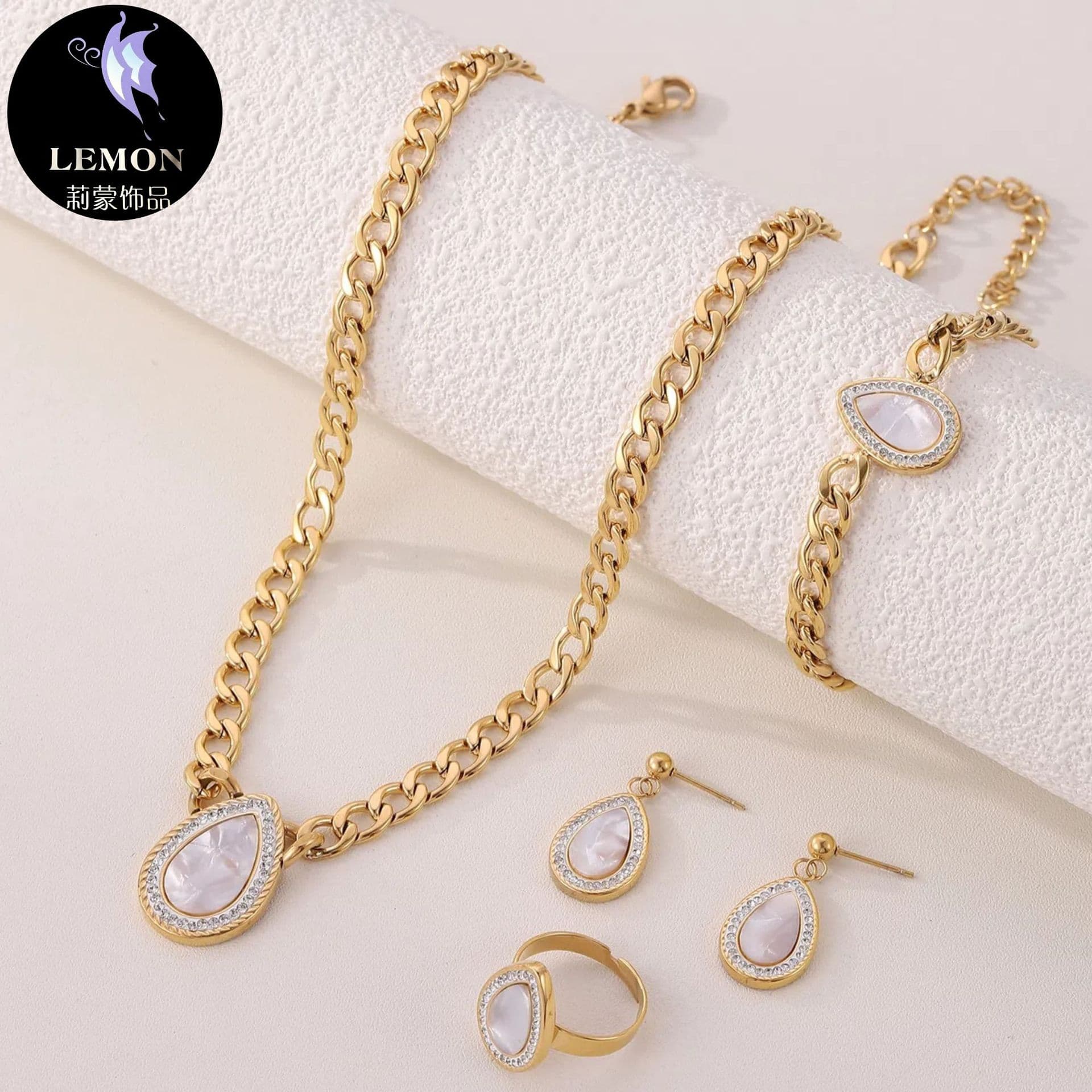 Cuban Chain Colorful Mother-of-Pearl Zircon Necklace For Women Titanium Steel Water Drop Pendant Earrings Ring Bracelet