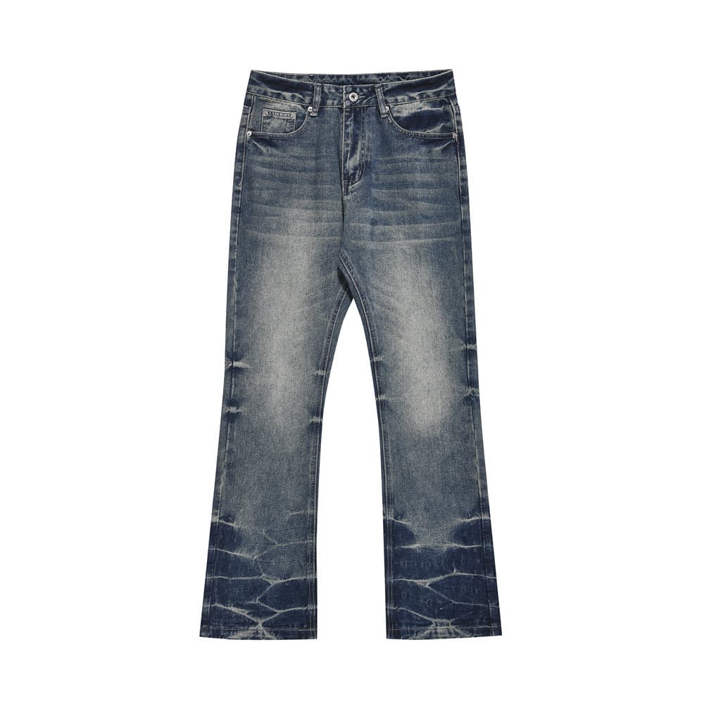 Jean délavé effet vieilli pour homme - Style américain vintage, jambe large, coupe bootcut évasée, avec détails tie-dye et plis