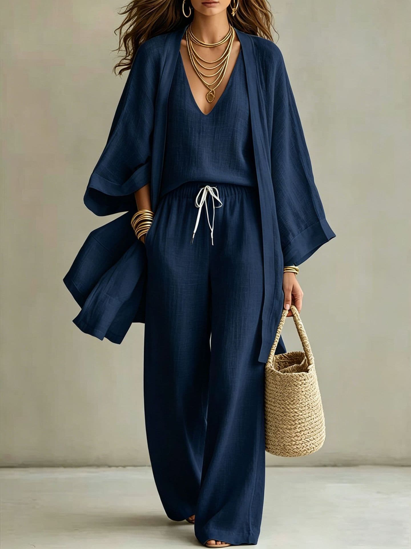 Ensemble trois pièces d'été décontracté pour femme, style américain, gilet mi-long ample en coton et lin, sans manches
