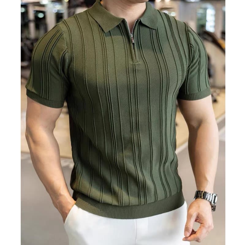 Men's Half-Zip Polo Shirt Short Sleeve Summer Knit Top Casual Slim Fit T-Shirt For Stylish Look​