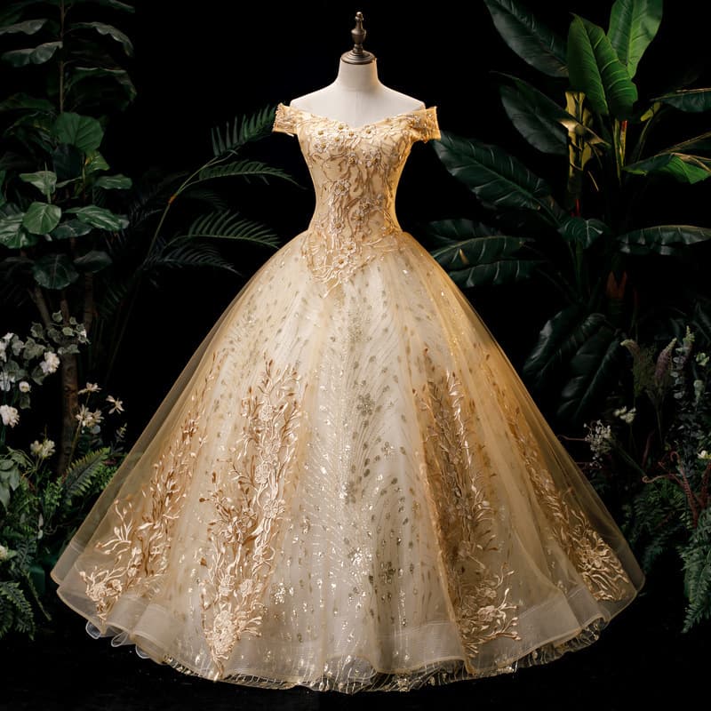 Women's Clothing Evening Dress Female Solo Performance Puffy Skirt Long Annual Meeting Host Golden Dress