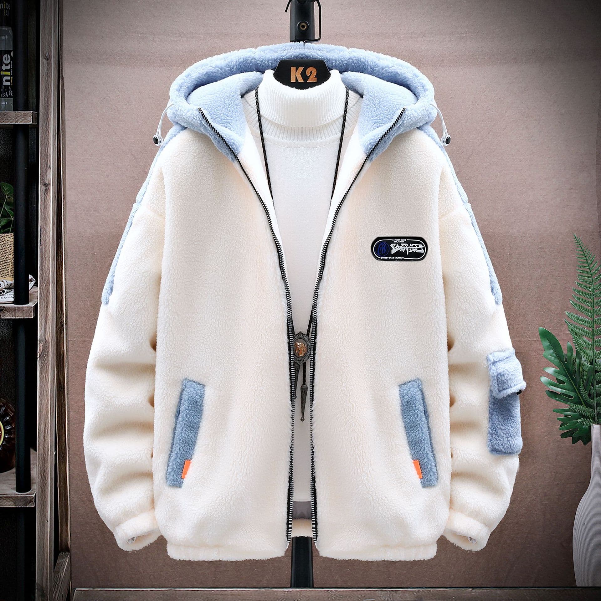 Men's Clothing Fleece-Lined Hooded Winter Jacket - Thickened Sherpa Lining, Loose Fit Korean Style, Zip-Up Windproof Coat (Grey/Beige/Blue/Yellow)​