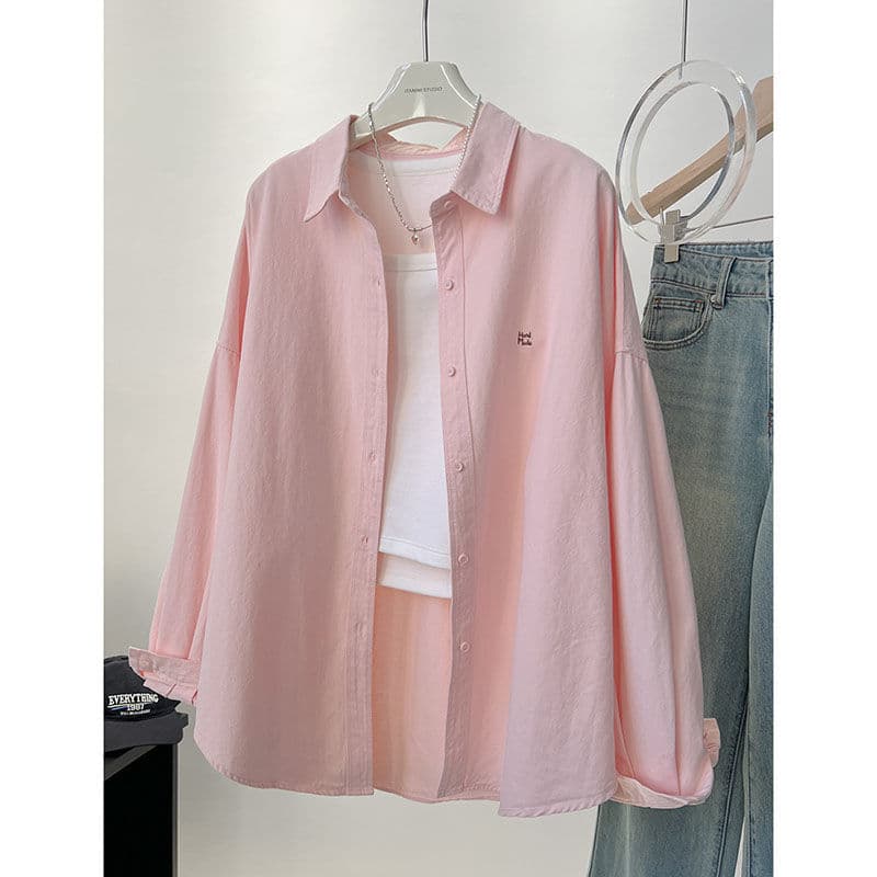 Women's Clothing Candy Color Shirt Spring And Autumn Embroidery Loose Medium And Long Slim Long Sleeve Shirt