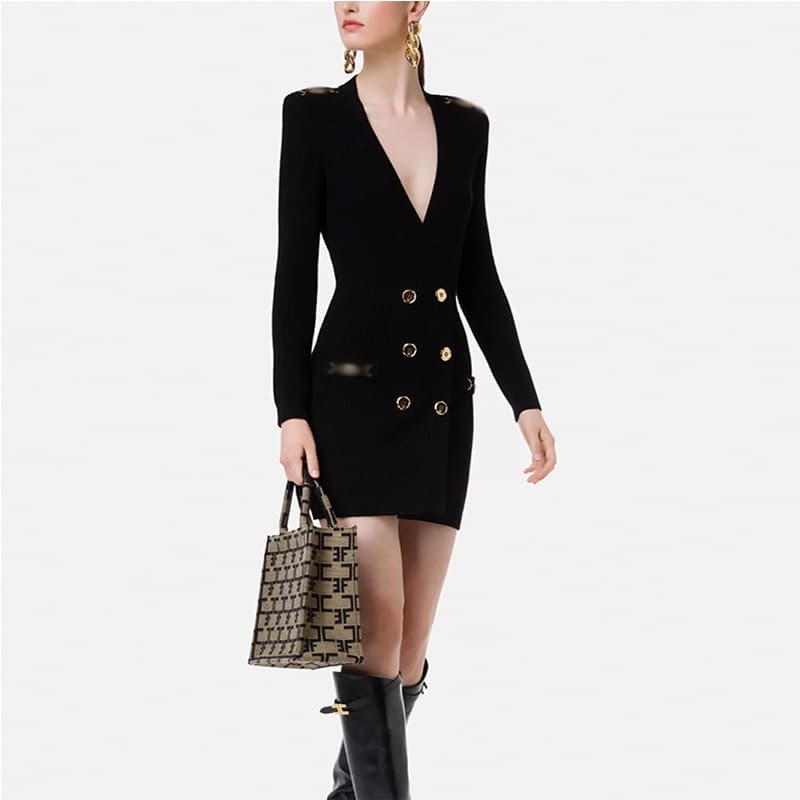 French Retro Dress, Early Autumn Metal Buckle, Artistic Light Luxury Chain Decoration Hip Skirt, Elastic Knitted Skirt