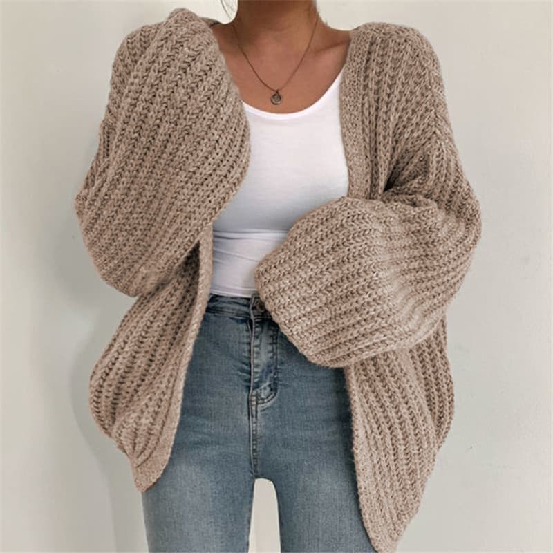 Women's Clothing V-neck All-match Casual Sweater Jacket Solid Color Lantern Sleeve Knitted Cardigan