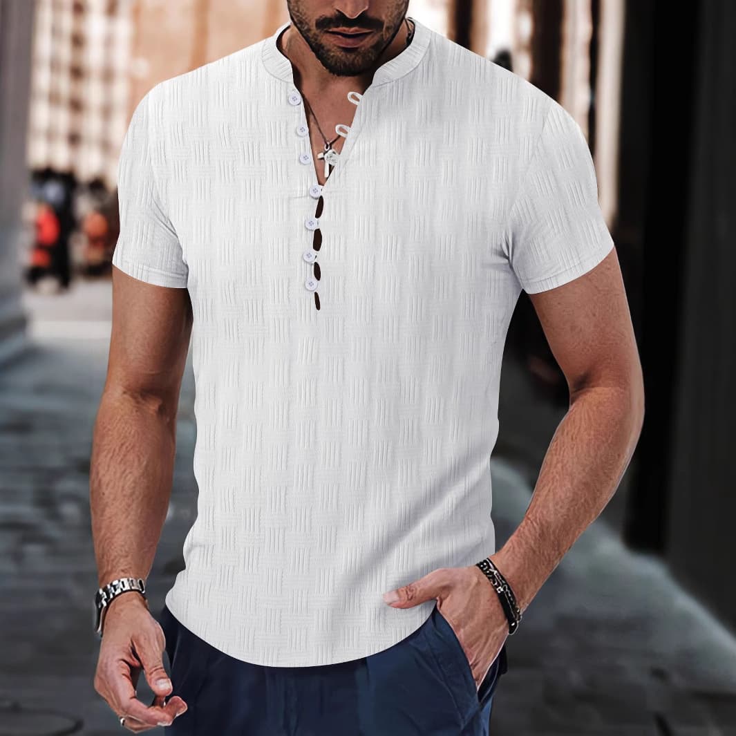 Men's Clothing Summer New Men's Jacquard Shirt Stand Collar Casual Short Sleeved Shirt