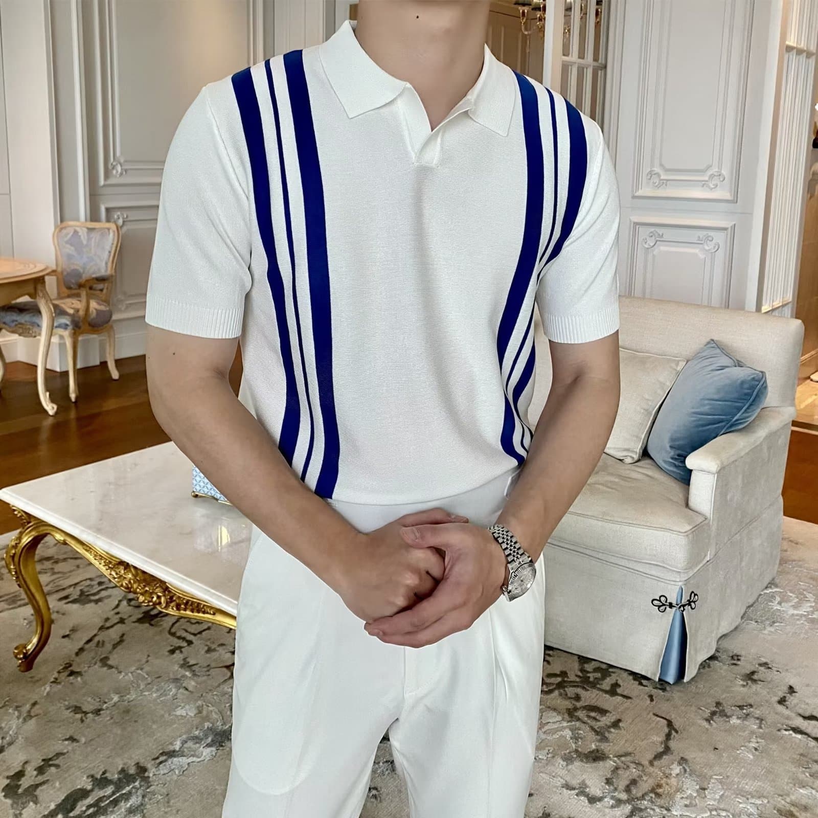 Men's Clothing Striped Ice Silk Short Sleeve Polo Shirt Men's New Lightweight Breathable Casual All match Knitted Half Sleeve Thin Top Trend