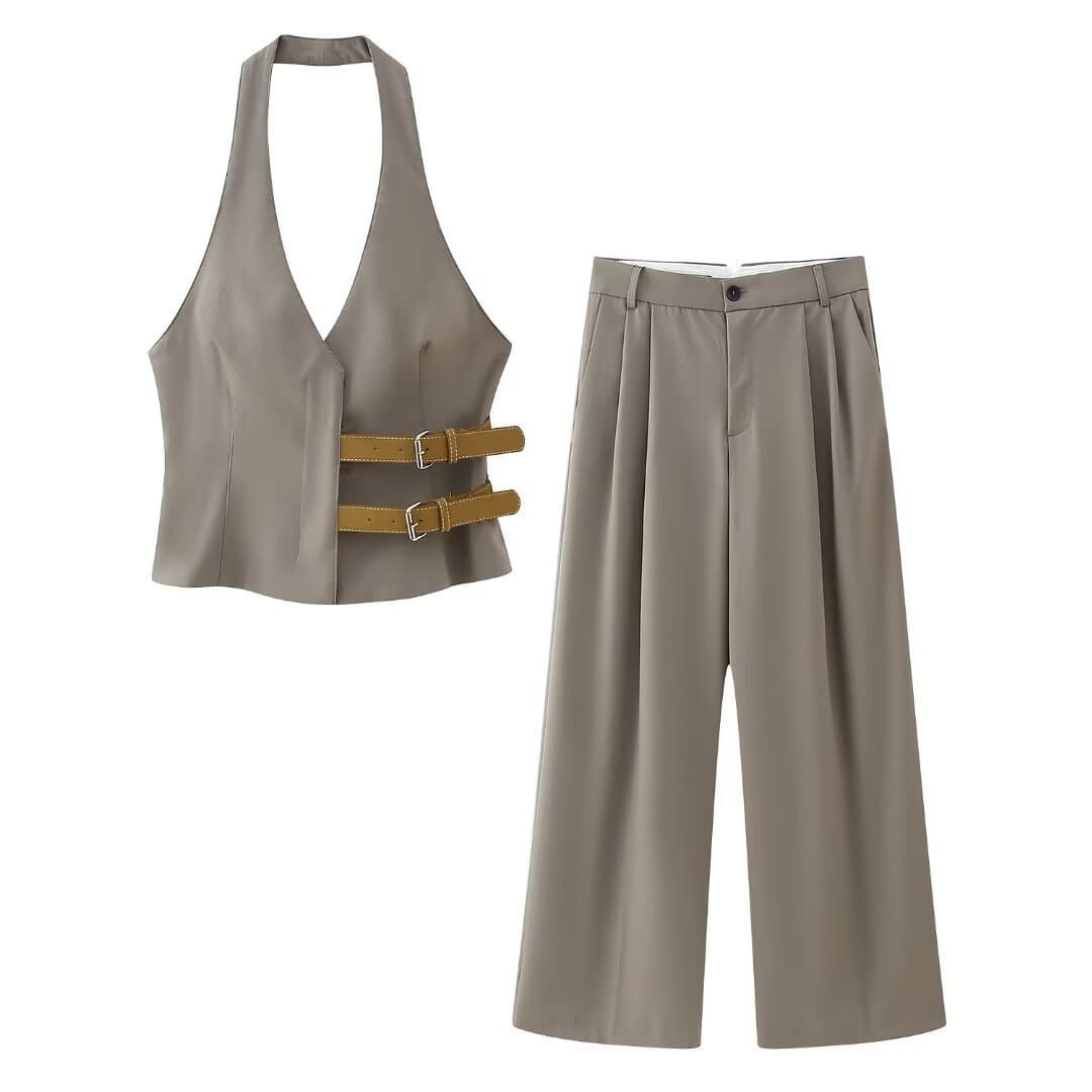 Women's clothing Vest Top with Belt and Halter Collar