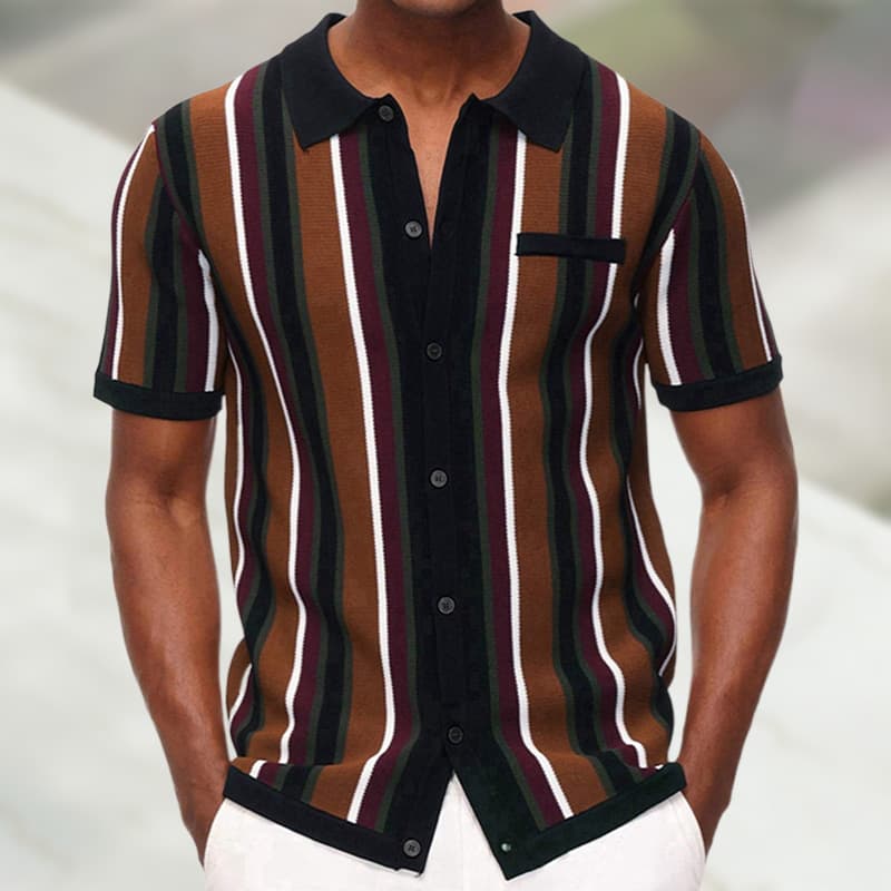 Men's Clothing new men's summer cardigan knitted t shirt short sleeve lapel stripe casual polo shirt male SY0110