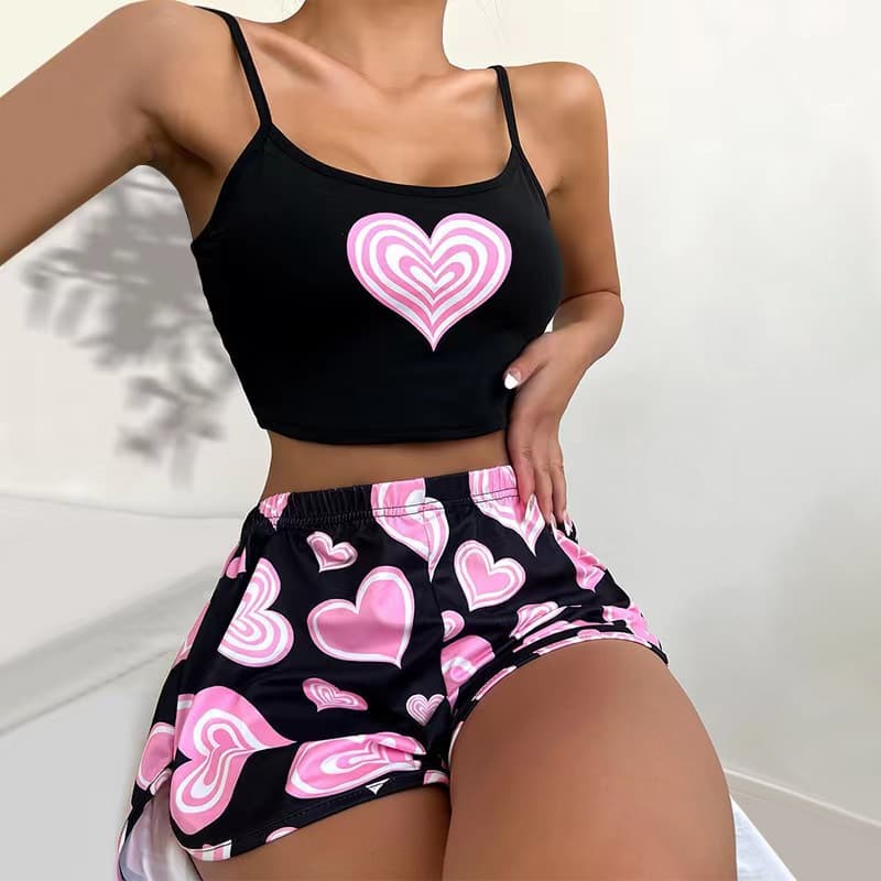 hot sale love print suspender shorts two piece milk silk sexy home clothes