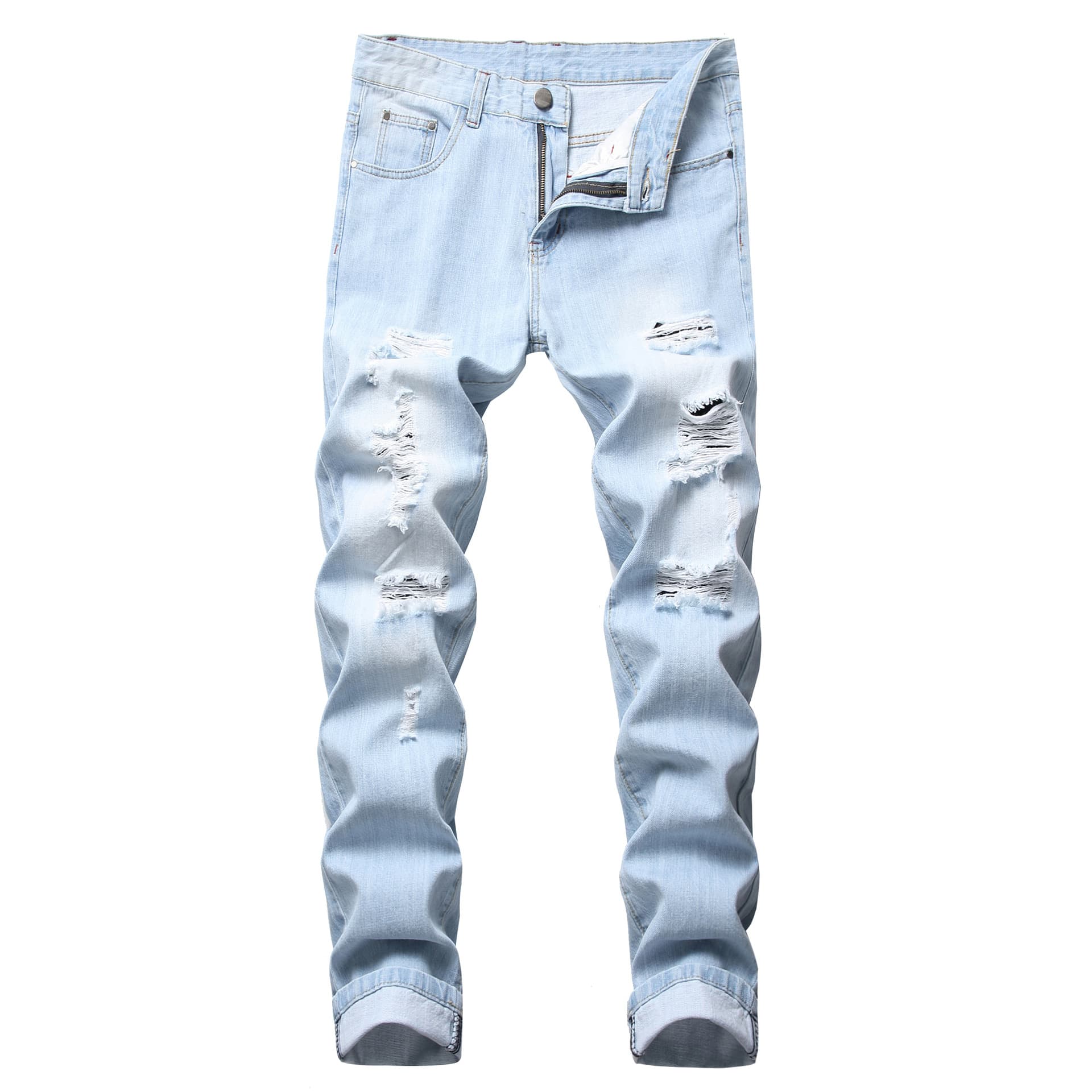 Vêtements pour hommes Jeans déchirés à jambe droite, coupe slim, non extensibles, pantalons en denim clair déchirés pour hommes
