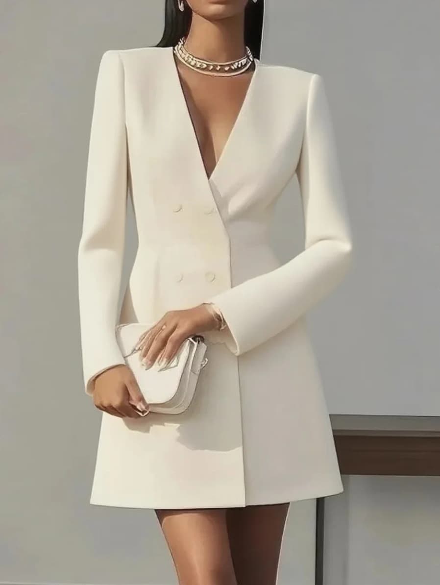 Robe élégante à manches longues et col en V, d'inspiration française, pour femme – Chic et polyvalente pour le bureau