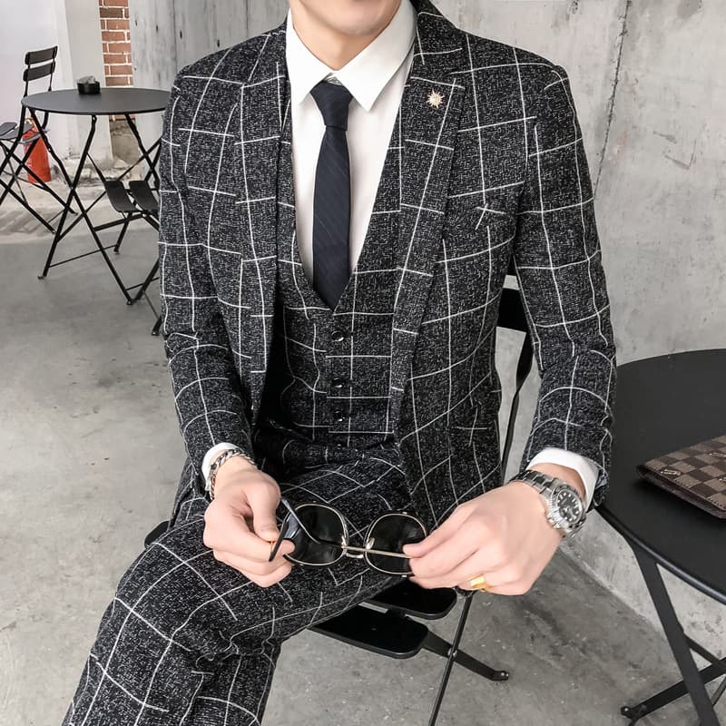 OBCY2 Men's Set Three-Piece Plaid Professional Slim Fit Small Groomsman Outfit Bridegroom Suit Formal Wear
