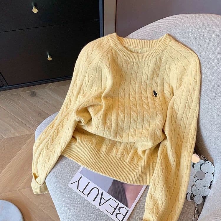 Yellow Embroidered Cable Knit Women 2024 Autumn Winter New Gentle Age-Reducing Versatile Soft Pullover Sweater