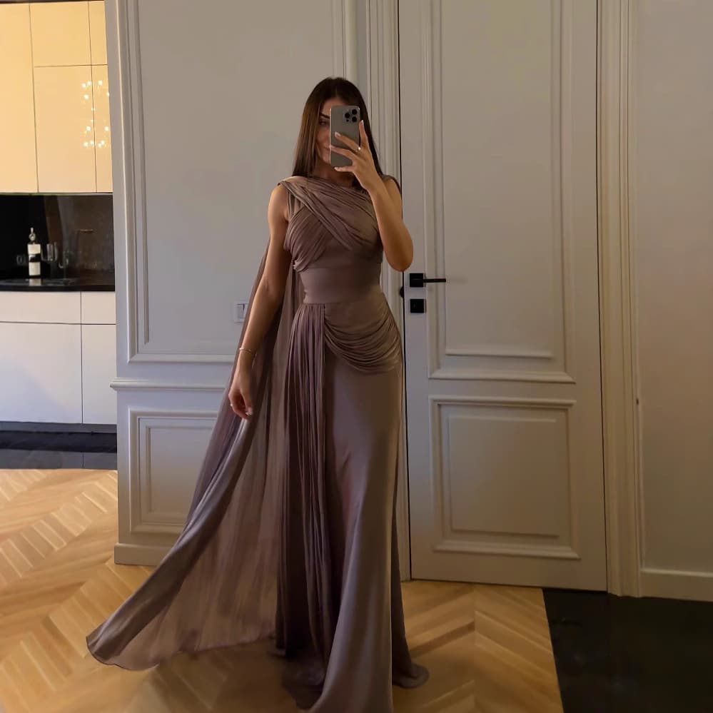 ​​Elegant Satin Evening Gown With Pleated Ribbon Details – Flowy Long Dress For Weddings & Special Occasions​​