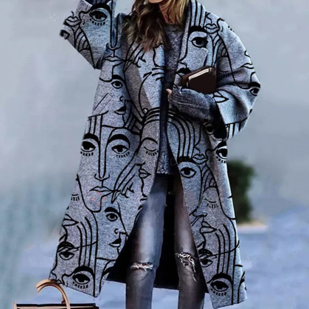 Women's clothing various color matching plaid long sleeved lapel jacket printed dragon and phoenix woolen coat