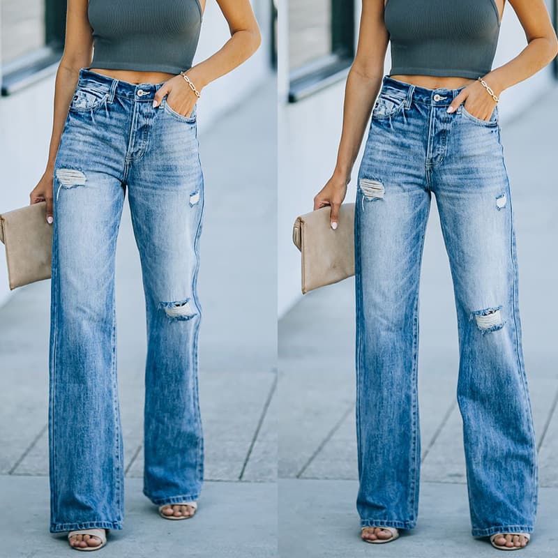 Women's Wash Ripped Loose Straight Jeans