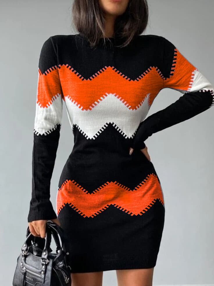 Women's Mid-Length Short Skirt Round Neck Long Sleeve Knitted Hip Bottoming Dress For Women