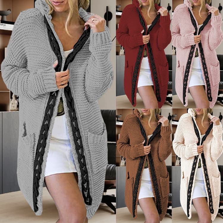Women's Clothing Knitted Sweater Cardigan Hooded Contrasting Color Twist Pocket Cardigan Sweater Jacket