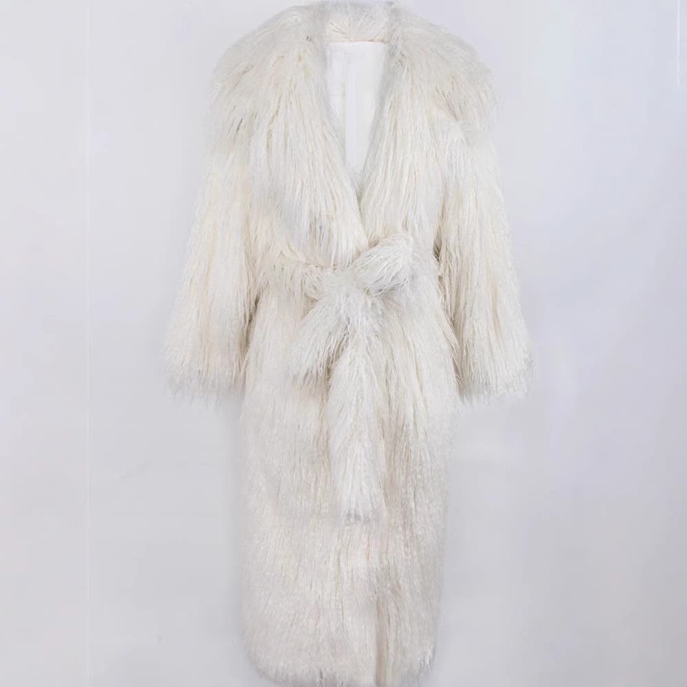 Luxury Vegan Shearling Coat – Belted Longline Faux Fur Blazer With Notched Lapel, Plus Size Women’s Winter Coat