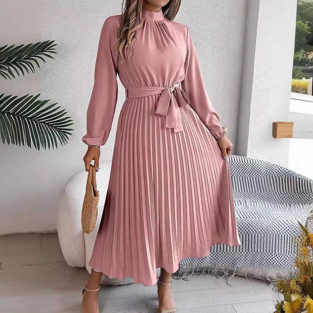 2025 Autumn Winter Elegant Stand Collar Sleeve Waist Pleated Long Dress Small Gown Women's Clothing