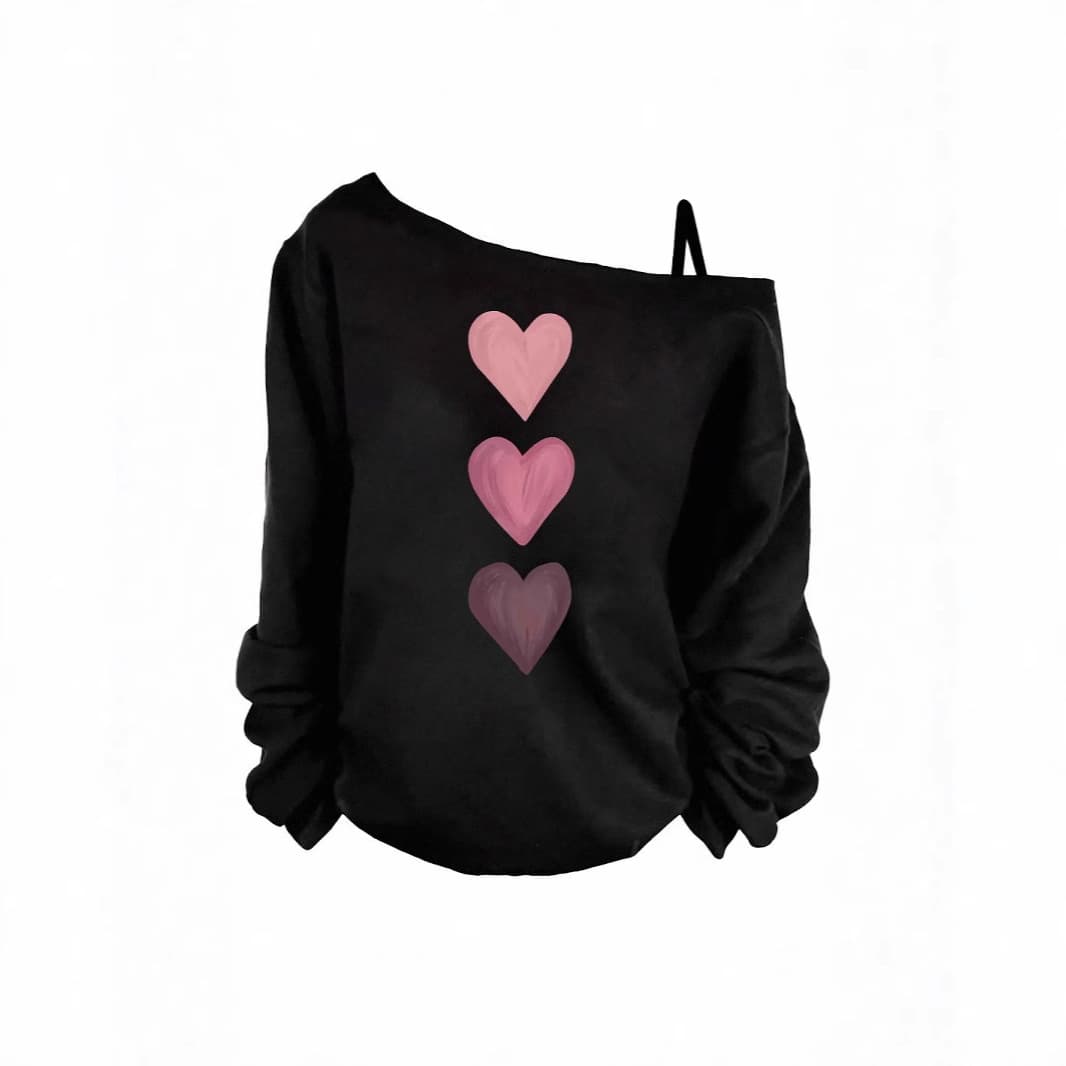 Women's Off-Shoulder Long Sleeve Top – Printed Love & Music Patterns, Stretch Polyester (S-2XL, 5 Colors)