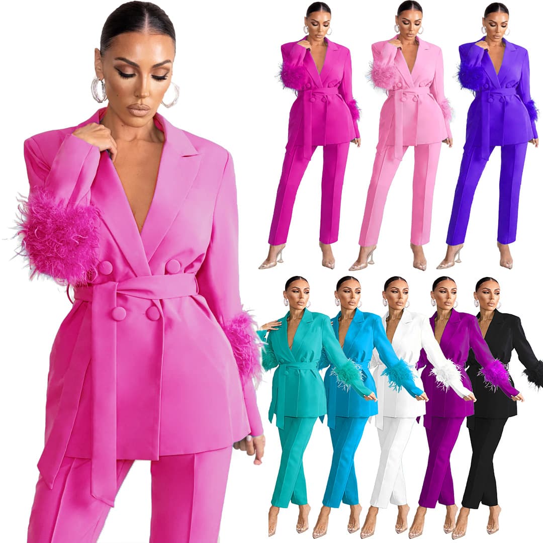 Women's Fashion Feather Suit Furry Long Sleeve Two-piece Set