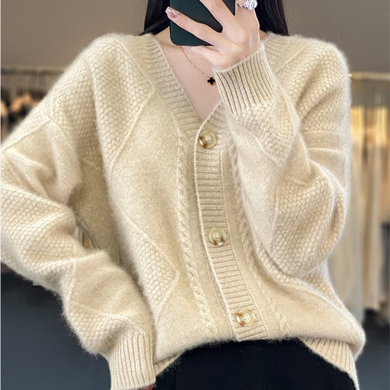 Women's Clothing V neck soft waxy cardigan women's long sleeved diamond shaped loose lazy knitted sweater jacket outerwear top