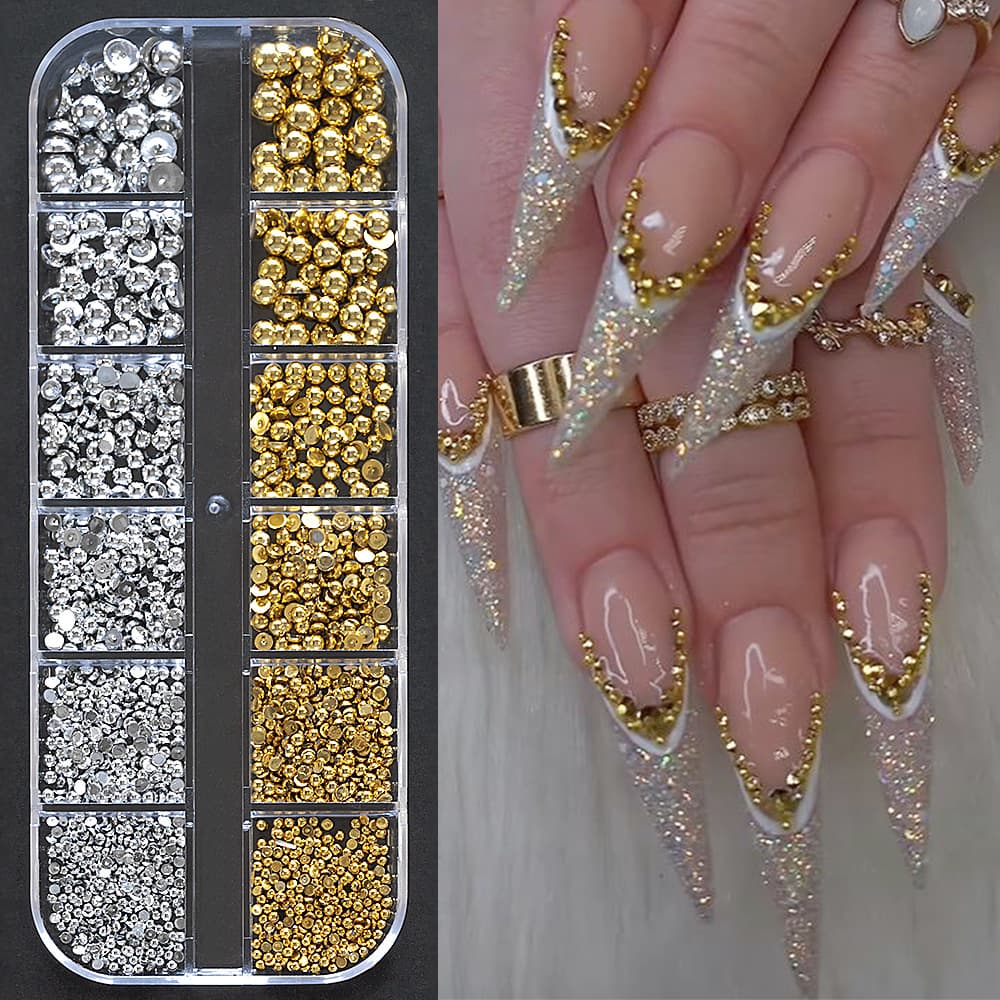 Beauty Health Hot Selling 12 Grid Mixed Gold And Silver Semi Circular Pearl Nail Jewelry Star Moon Metal Nail Decoration Accessories