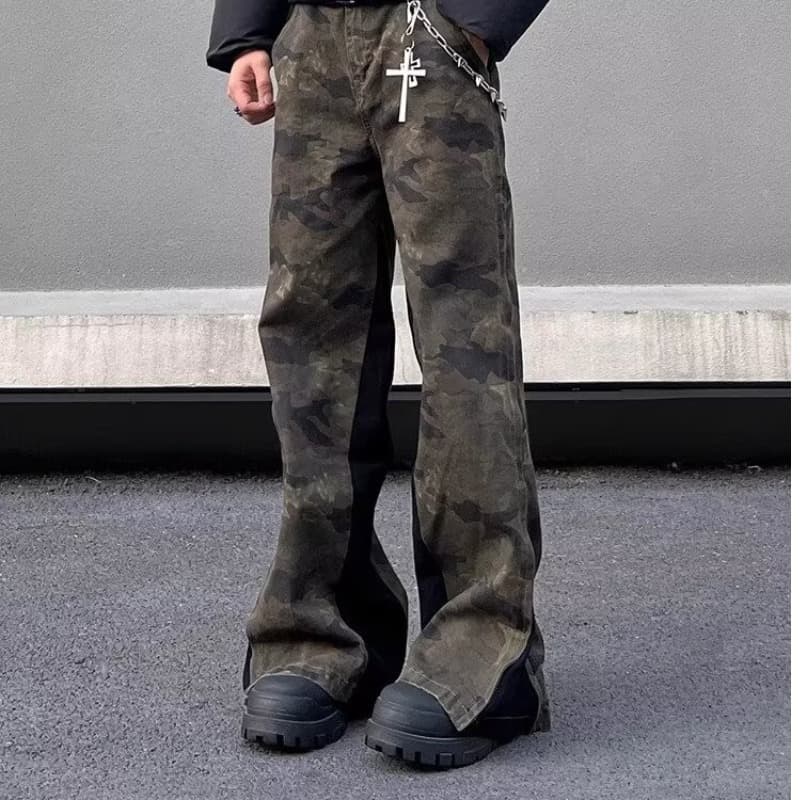 Men's Clothing Retro Loose Camouflage Pants Design Side Stitching Trouser