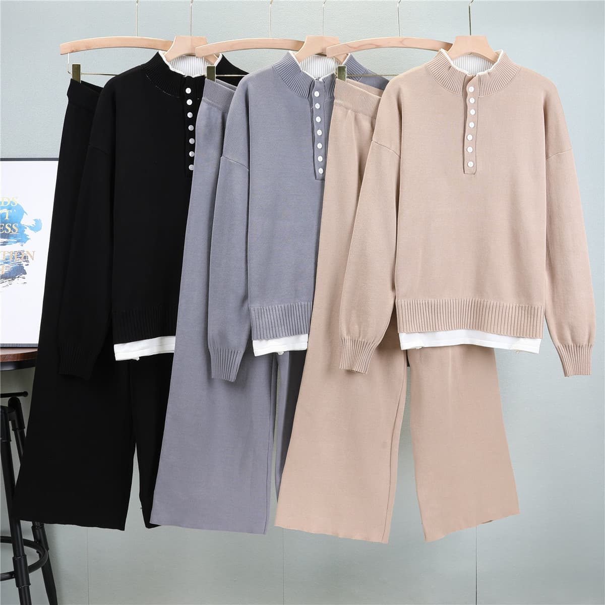 Autumn Fashion Net Red Small Fragrance Professional Hong Kong Style Suit Female Retro Chic Western Style Knitted Wide-leg Pants Two-piece Set