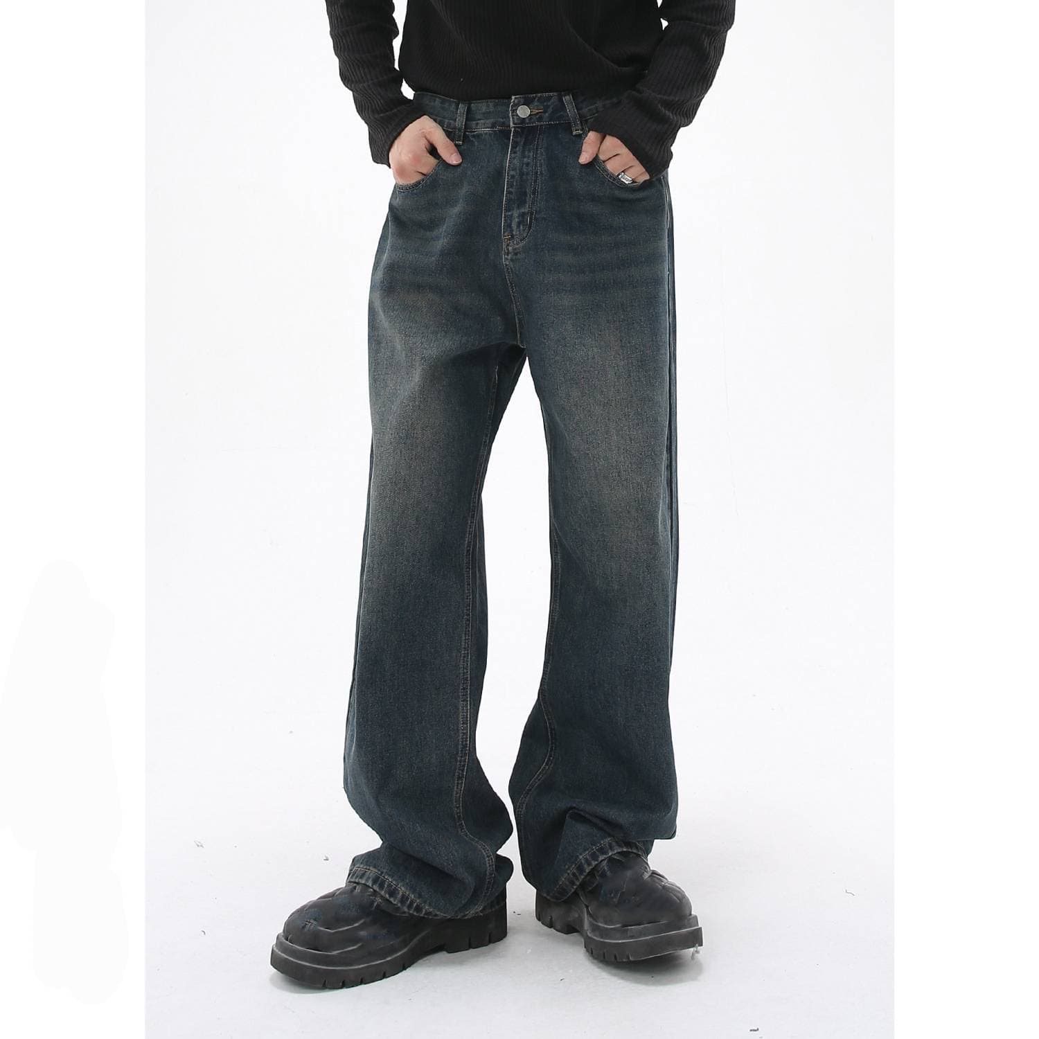 Men's Clothing Basic Washed Distressed Denim Blue Loose Straight Casual Trousers