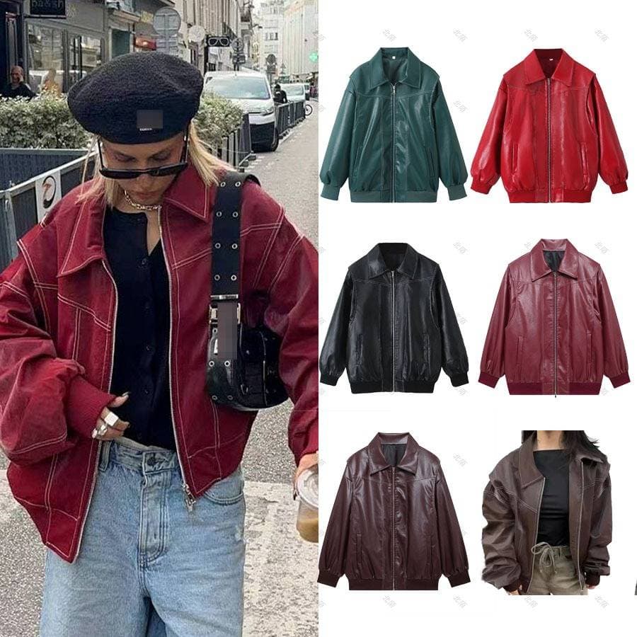 ​​Women's PU Leather Jacket – Oversized Biker Style Coat With Loose Fit (Black, Red, Green, Dark Brown, Wine Red, Reddish Brown, S-XL)​​